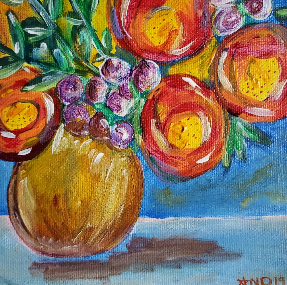 Original OOAK Poppy and Bellflower painting 6"x6" on canvas board